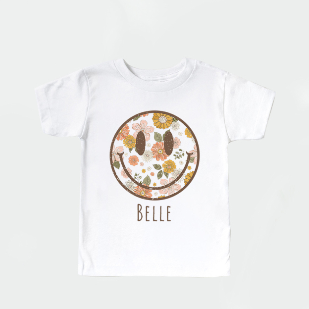 Personalized Girls Retro Floral Smiley Face T-Shirt| Cloth1423