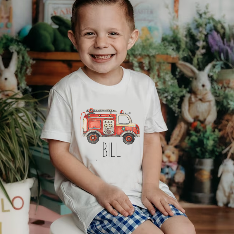 Personalized Boy  Fire Truck Name T-Shirt| Cloth1426