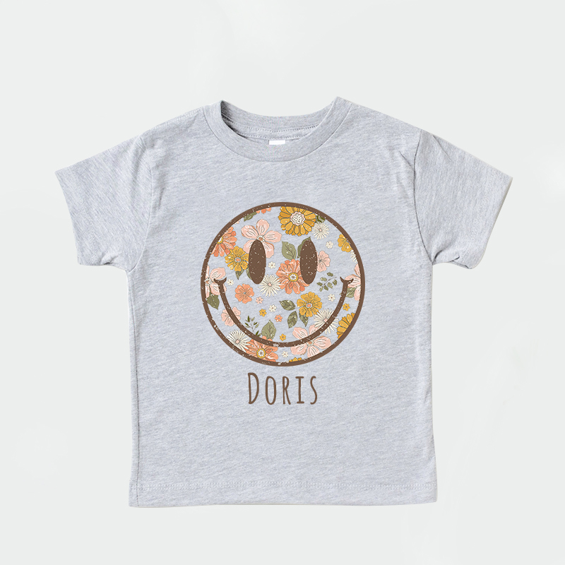 Personalized Girls Retro Floral Smiley Face T-Shirt| Cloth1423
