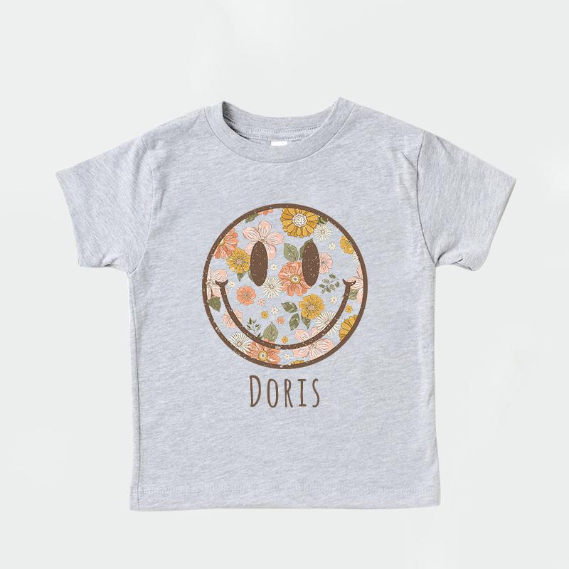 Personalized Girls Retro Floral Smiley Face T-Shirt| Cloth1423