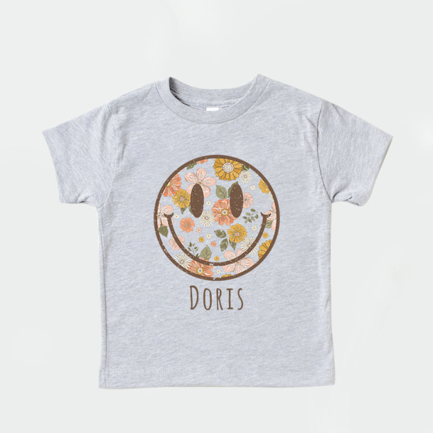 Personalized Girls Retro Floral Smiley Face T-Shirt| Cloth1423