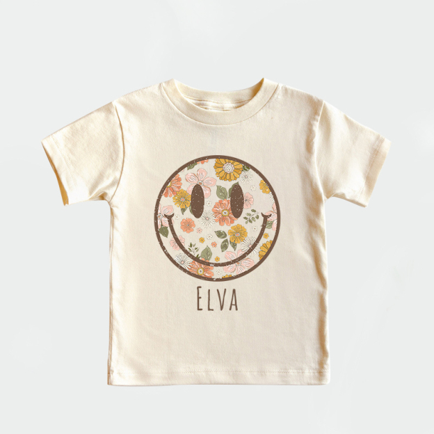 Personalized Girls Retro Floral Smiley Face T-Shirt| Cloth1423