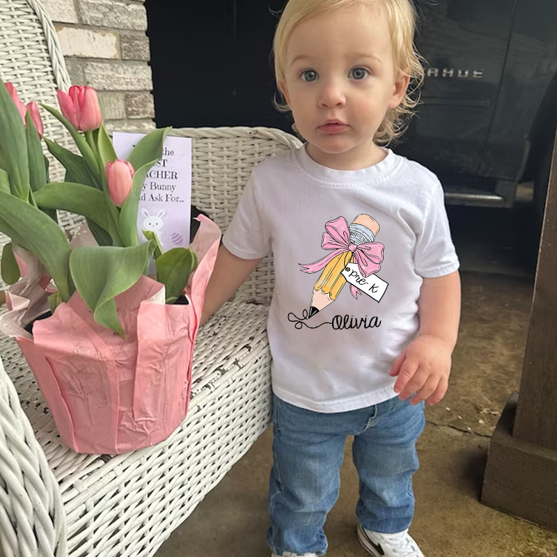 Personalized Girls Back To School Cute Pencil Bow T-Shirt| Cloth1403