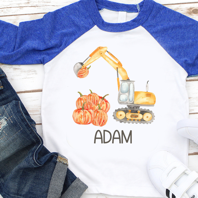 Personalized Boys Watercolor Pumpkin Excavator Long Sleeves Shirt| Cloth12403