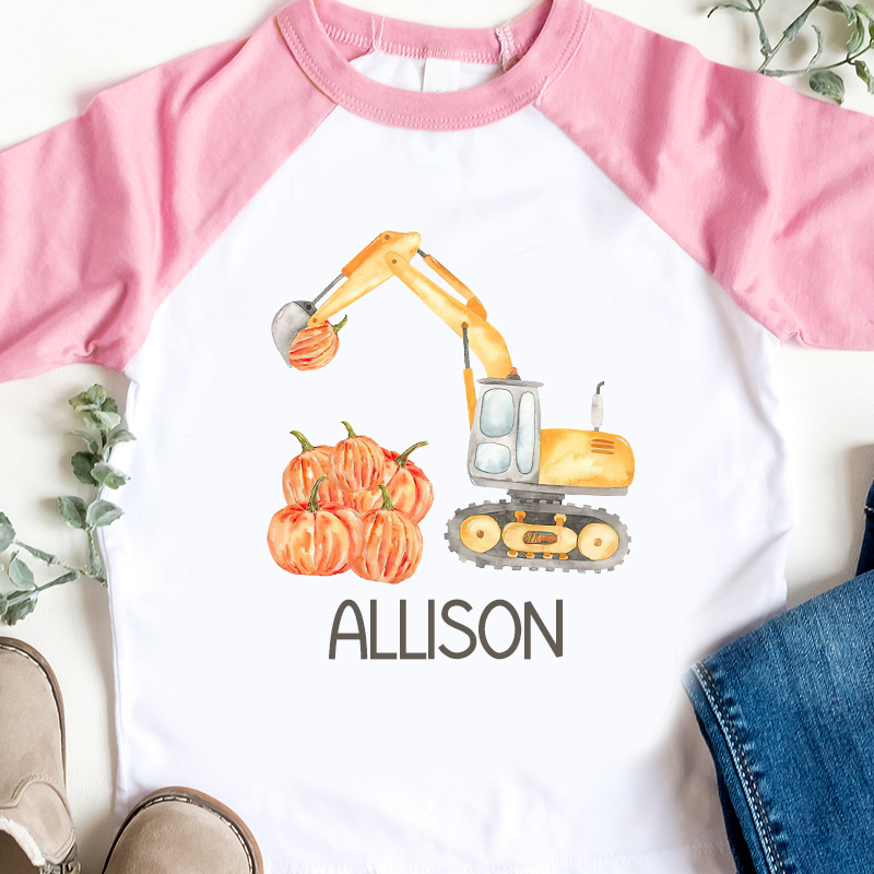 Personalized Boys Watercolor Pumpkin Excavator Long Sleeves Shirt| Cloth12403