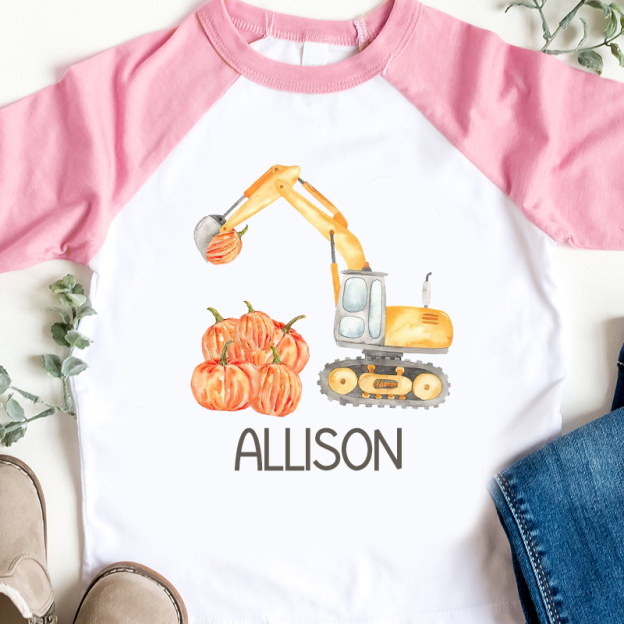 Personalized Boys Watercolor Pumpkin Excavator Long Sleeves Shirt| Cloth12403