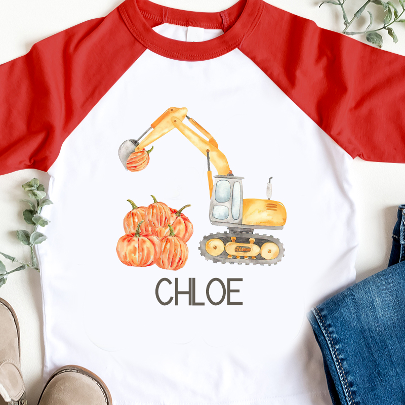 Personalized Boys Watercolor Pumpkin Excavator Long Sleeves Shirt| Cloth12403