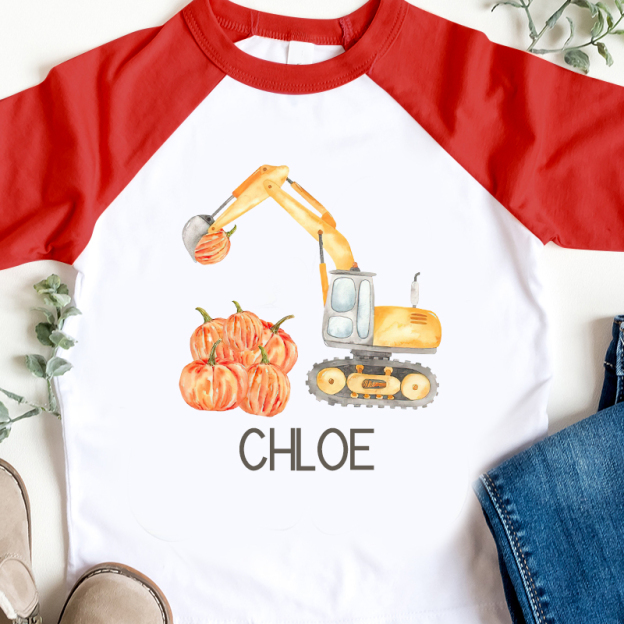 Personalized Boys Watercolor Pumpkin Excavator Long Sleeves Shirt| Cloth12403