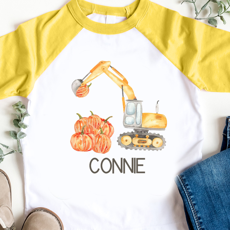 Personalized Boys Watercolor Pumpkin Excavator Long Sleeves Shirt| Cloth12403