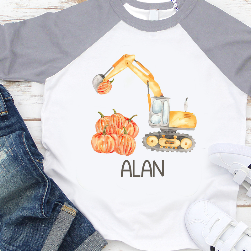 Personalized Boys Watercolor Pumpkin Excavator Long Sleeves Shirt| Cloth12403