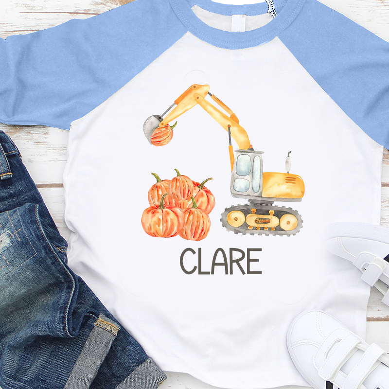 Personalized Boys Watercolor Pumpkin Excavator Long Sleeves Shirt| Cloth12403