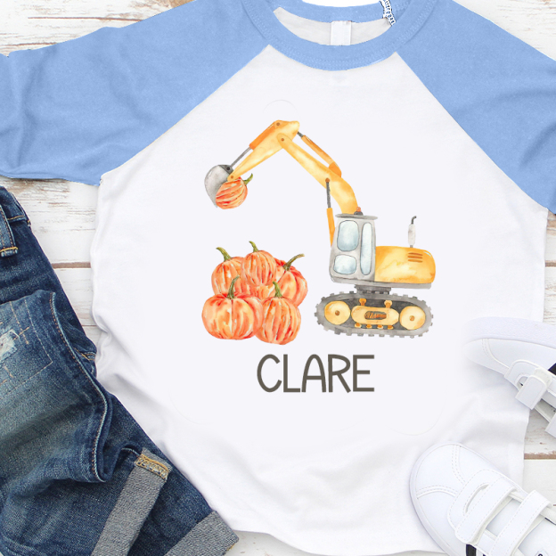 Personalized Boys Watercolor Pumpkin Excavator Long Sleeves Shirt| Cloth12403