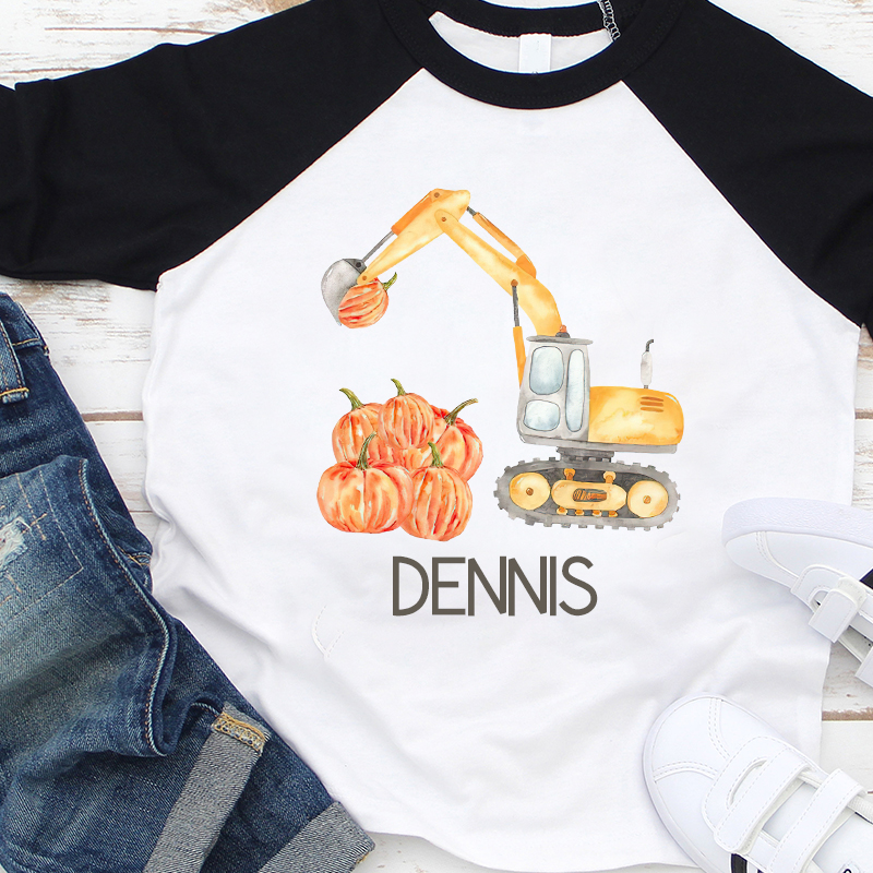 Personalized Boys Watercolor Pumpkin Excavator Long Sleeves Shirt| Cloth12403