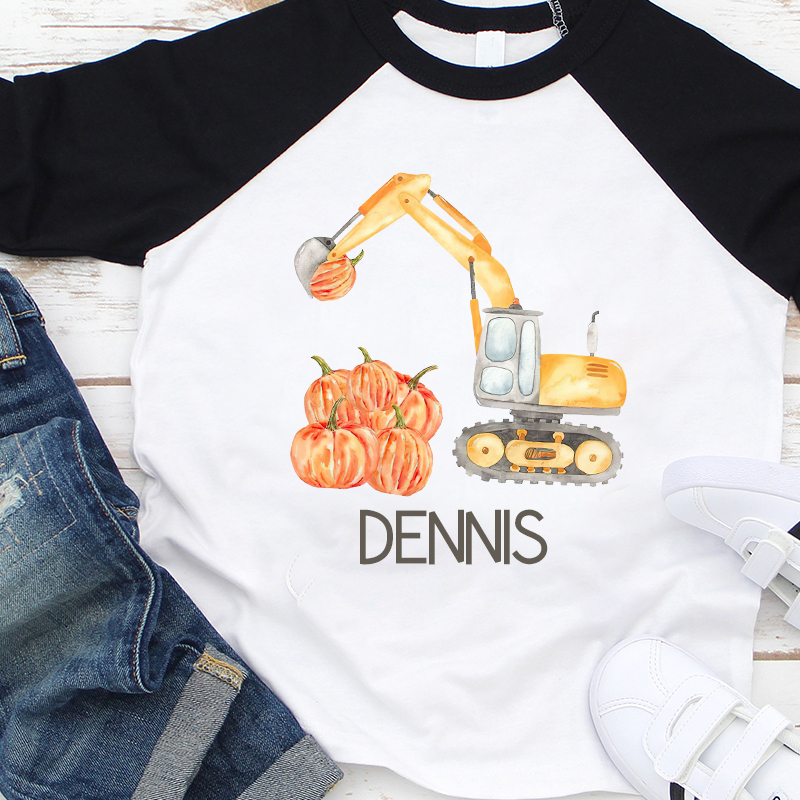 Personalized Boys Watercolor Pumpkin Excavator Long Sleeves Shirt| Cloth12403