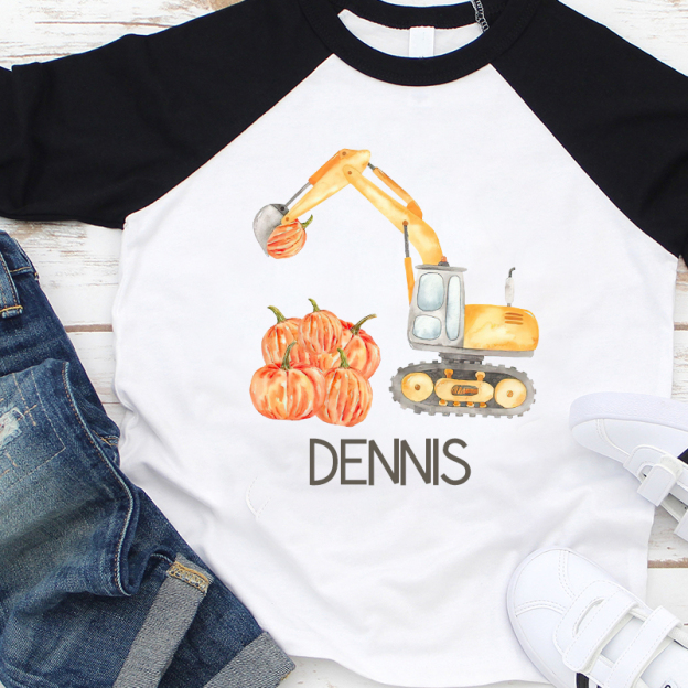 Personalized Boys Watercolor Pumpkin Excavator Long Sleeves Shirt| Cloth12403
