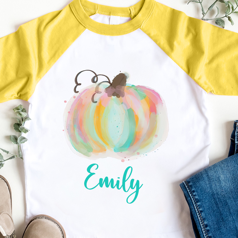 Personalized Girls Watercolor Pumpkin Long Sleeves Shirt| Cloth12404