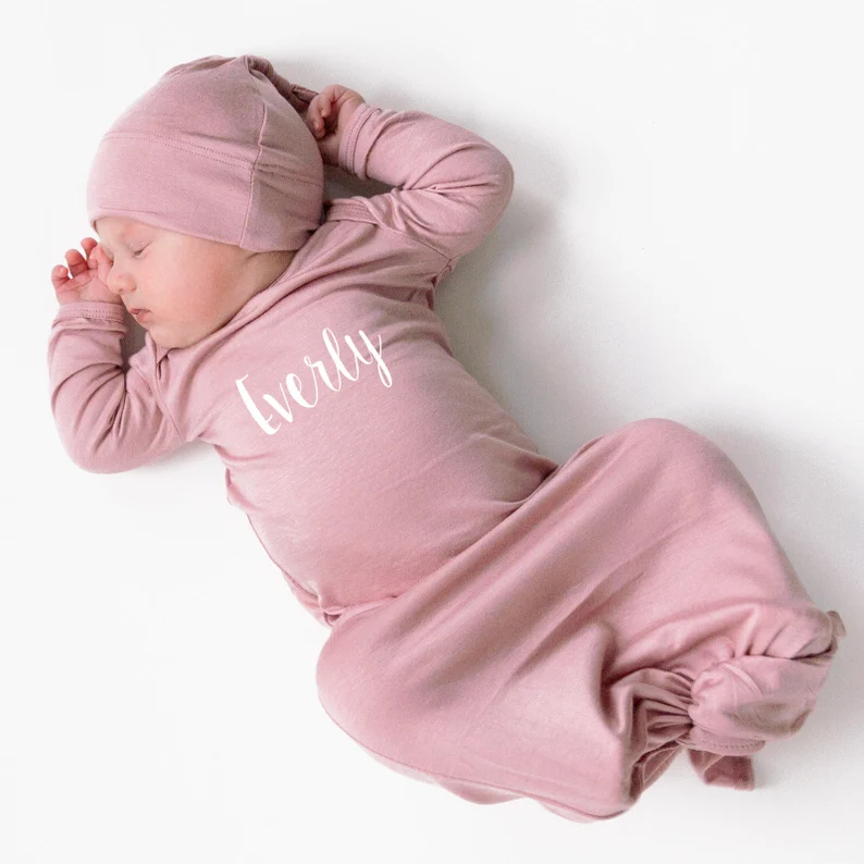 Personalized Baby Silky Knotted Gown with Knotted Hat| BBCloth02