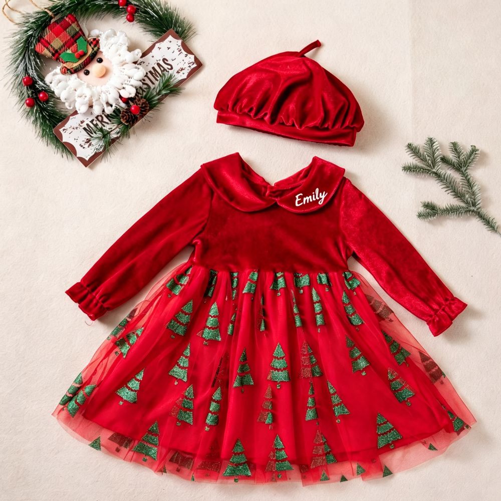 Personalized Girl Velvet Christmas Tree Tutu Dress Set| YESMC38