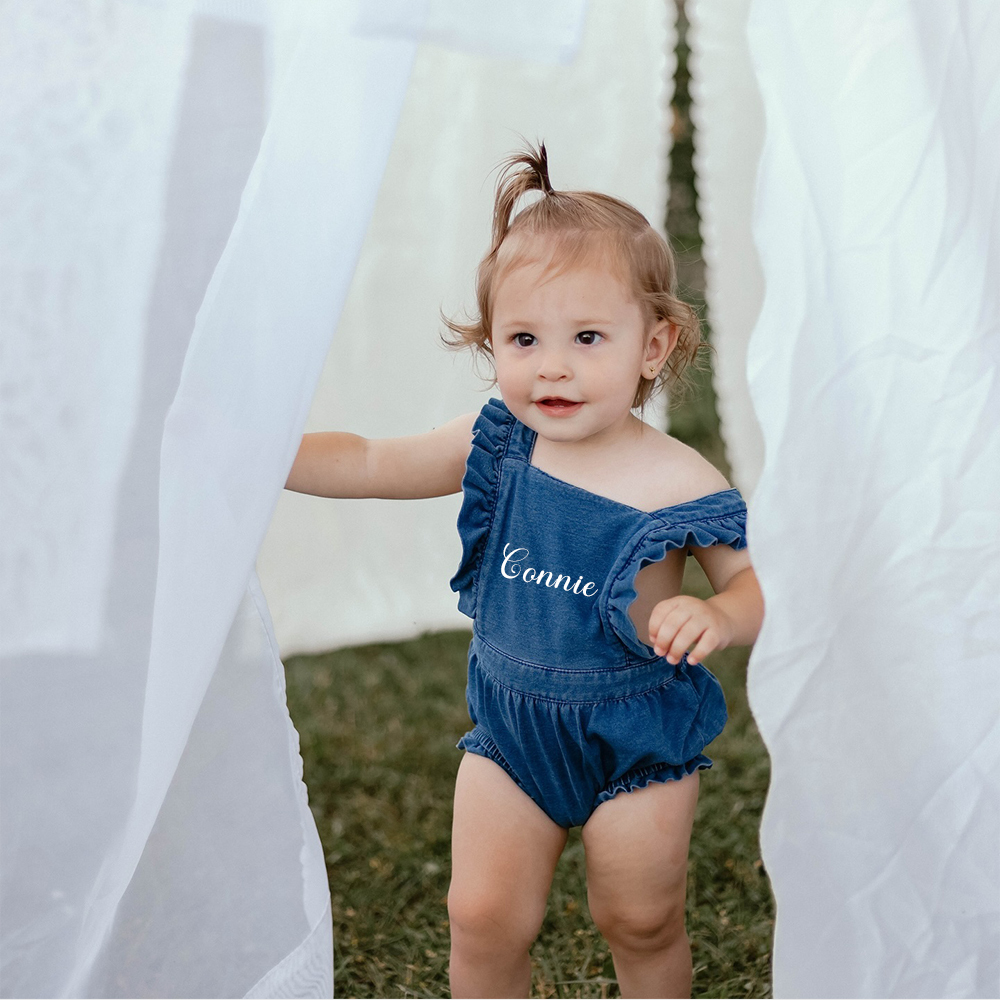 Personalized Baby Girl Ruffle Denim Blue Romper| BBCloth94