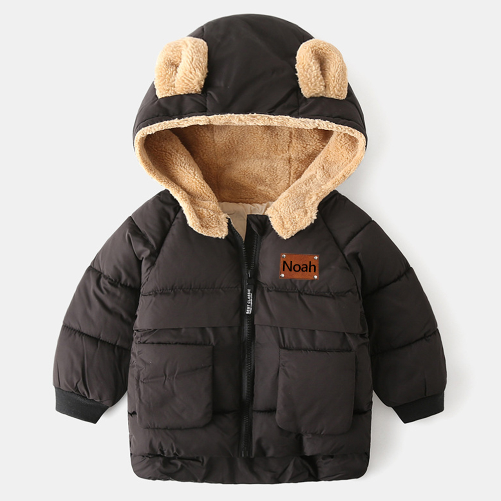Personalized Leather Patch Kids Bear Ear Puffer Jacket| Cloth256