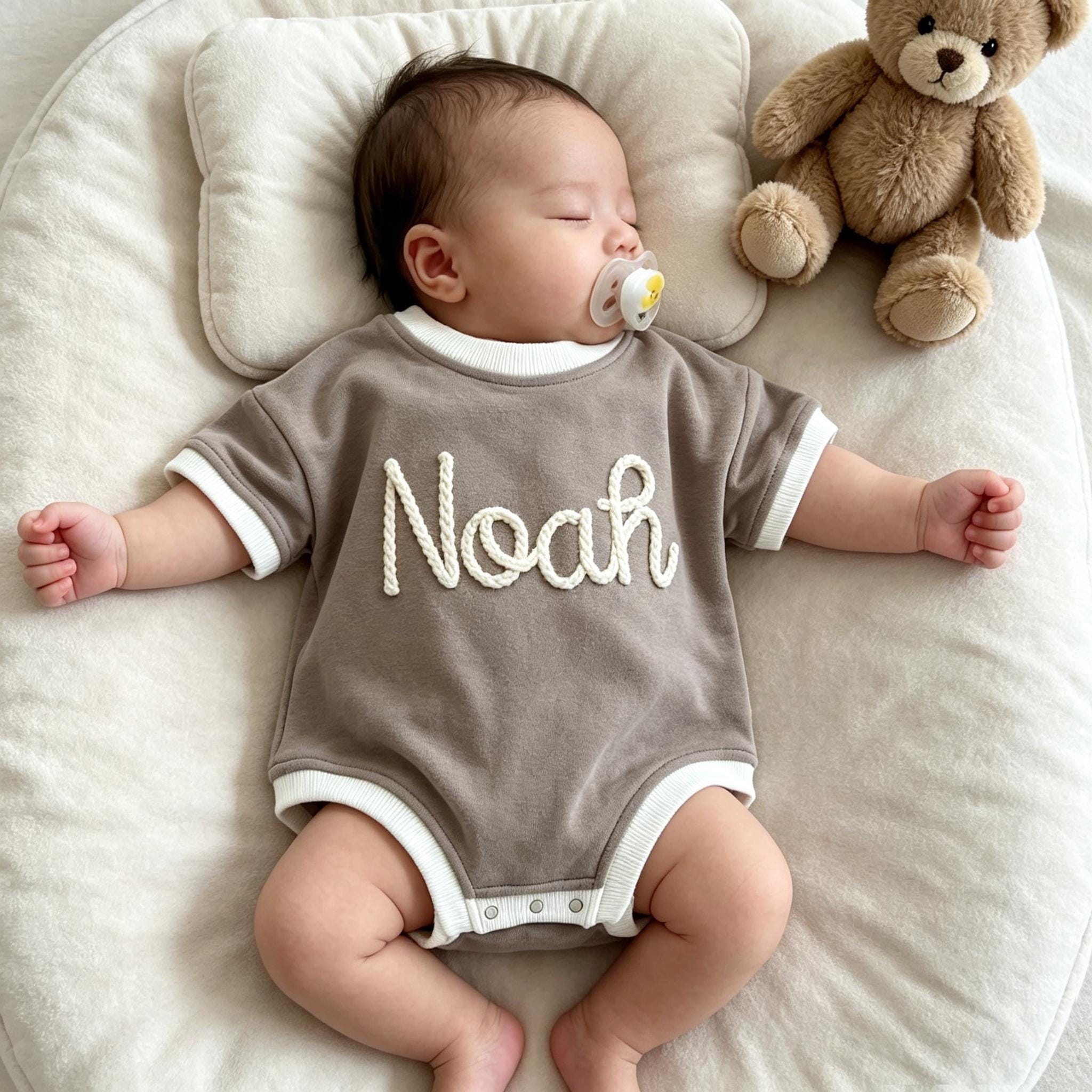 Personalized Hand Embroidered Short Sleeve Baby Bubble Romper | BBcloth142