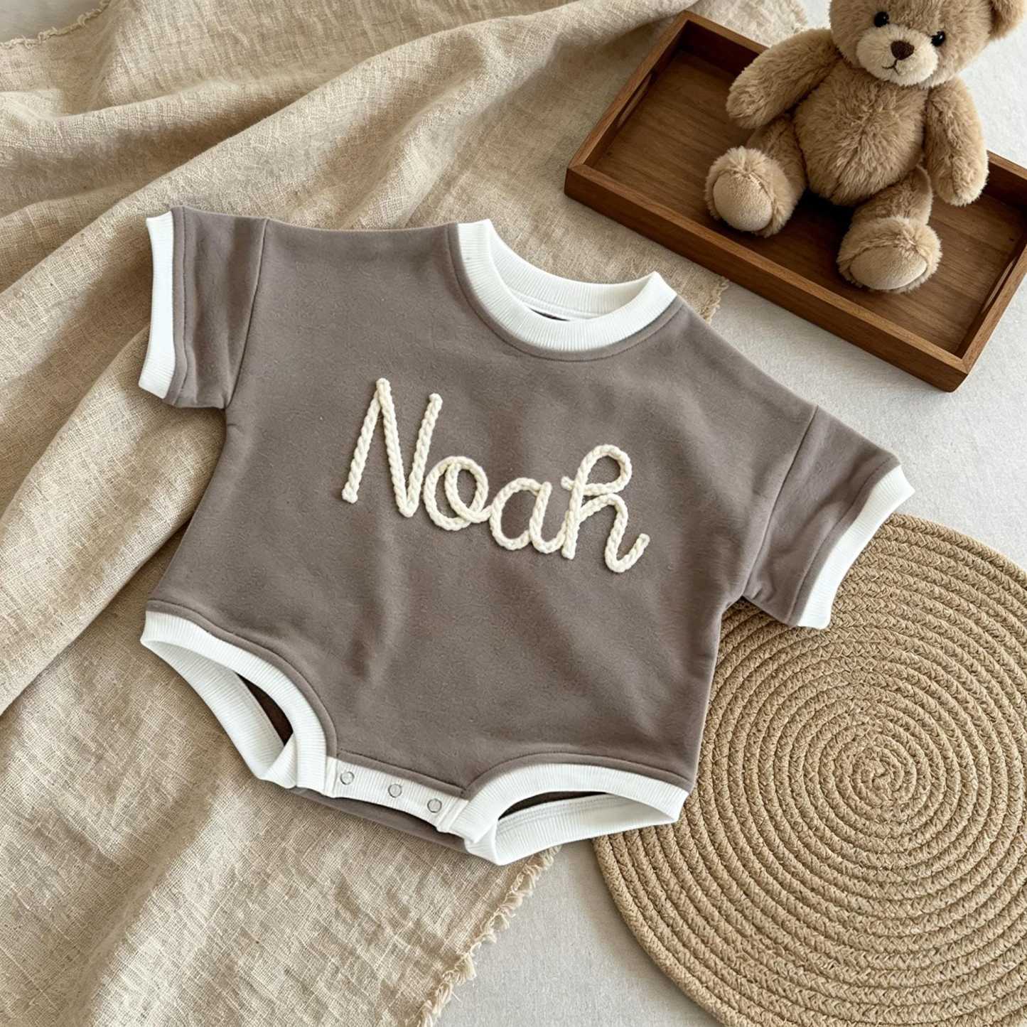 Personalized Hand Embroidered Short Sleeve Baby Bubble Romper | BBcloth142