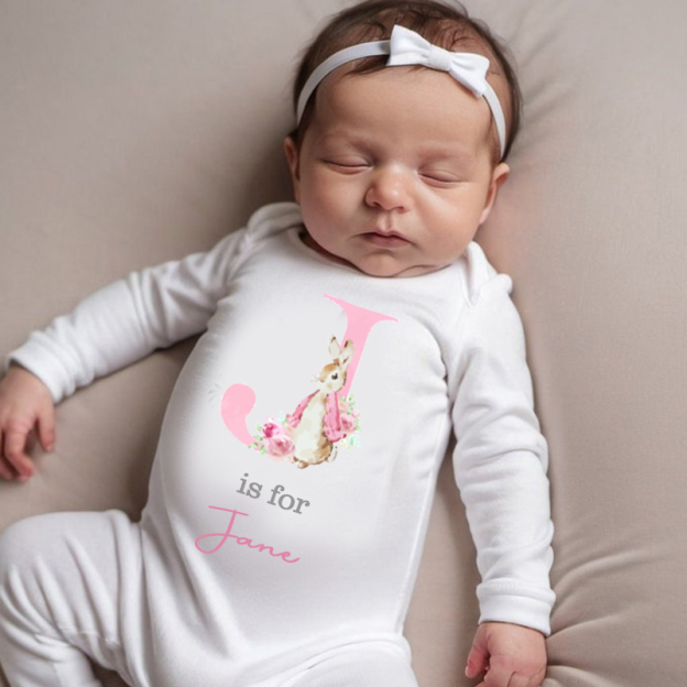 Personalized Pink Rabbit Initial Baby Sleepsuit| BBCloth08