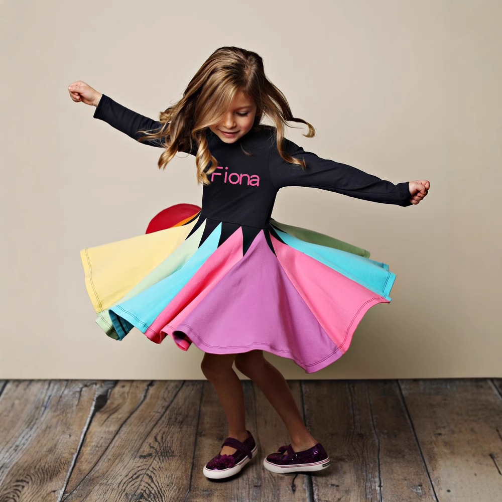 Personalized Girl Rainbow Ruffle Casual Dress| Dress24
