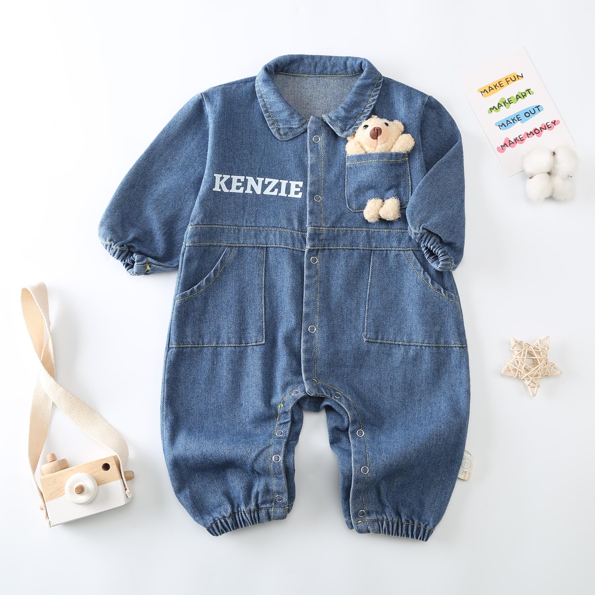Personalized Baby Bear Denim Onesie With Bag Set| BBCloth89