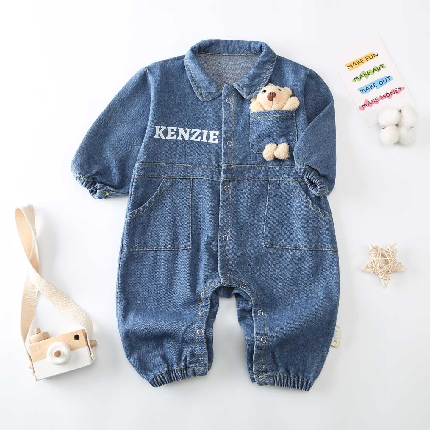 Personalized Baby Bear Denim Onesie With Bag Set| BBCloth89