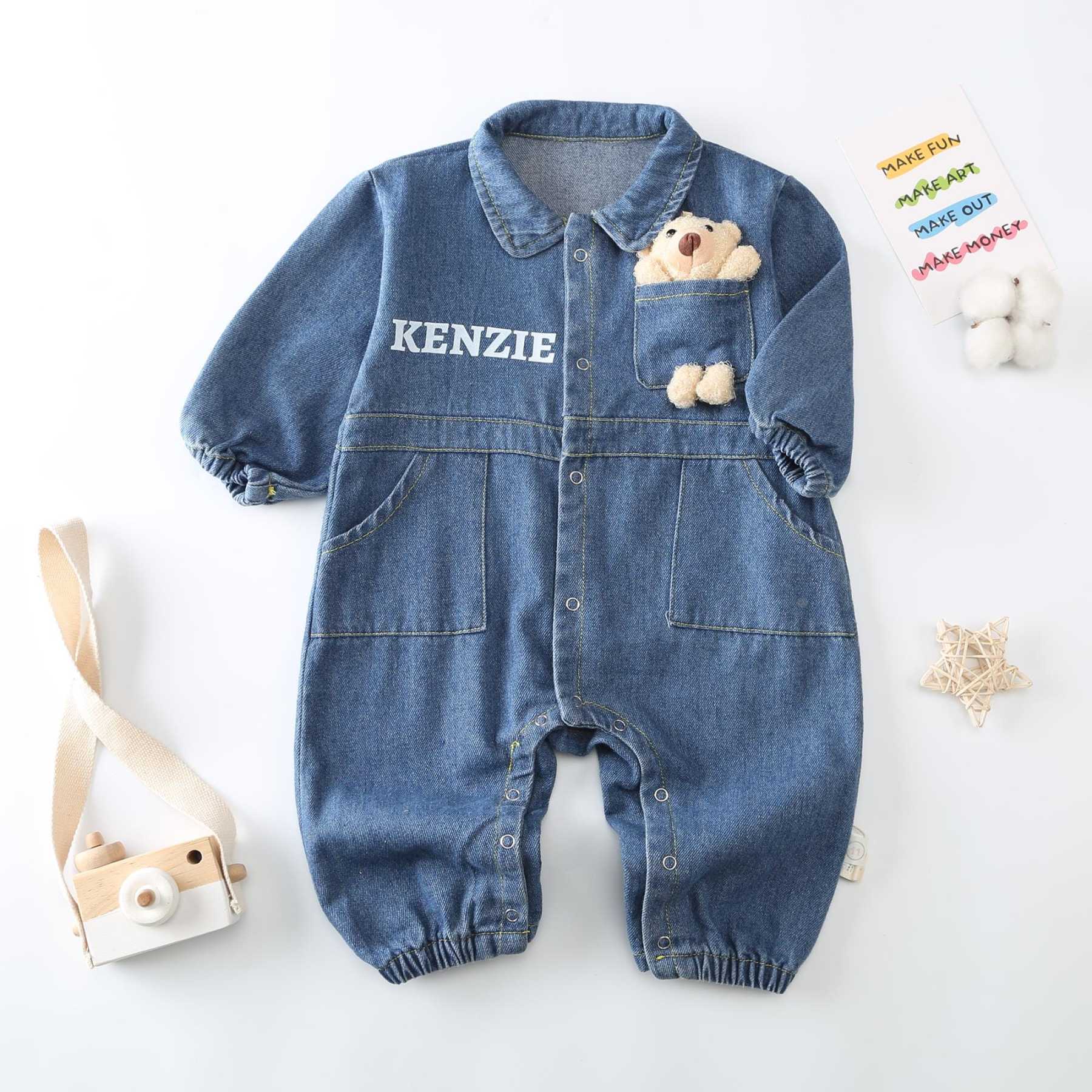 Personalized Baby Bear Denim Onesie With Bag Set| BBCloth89