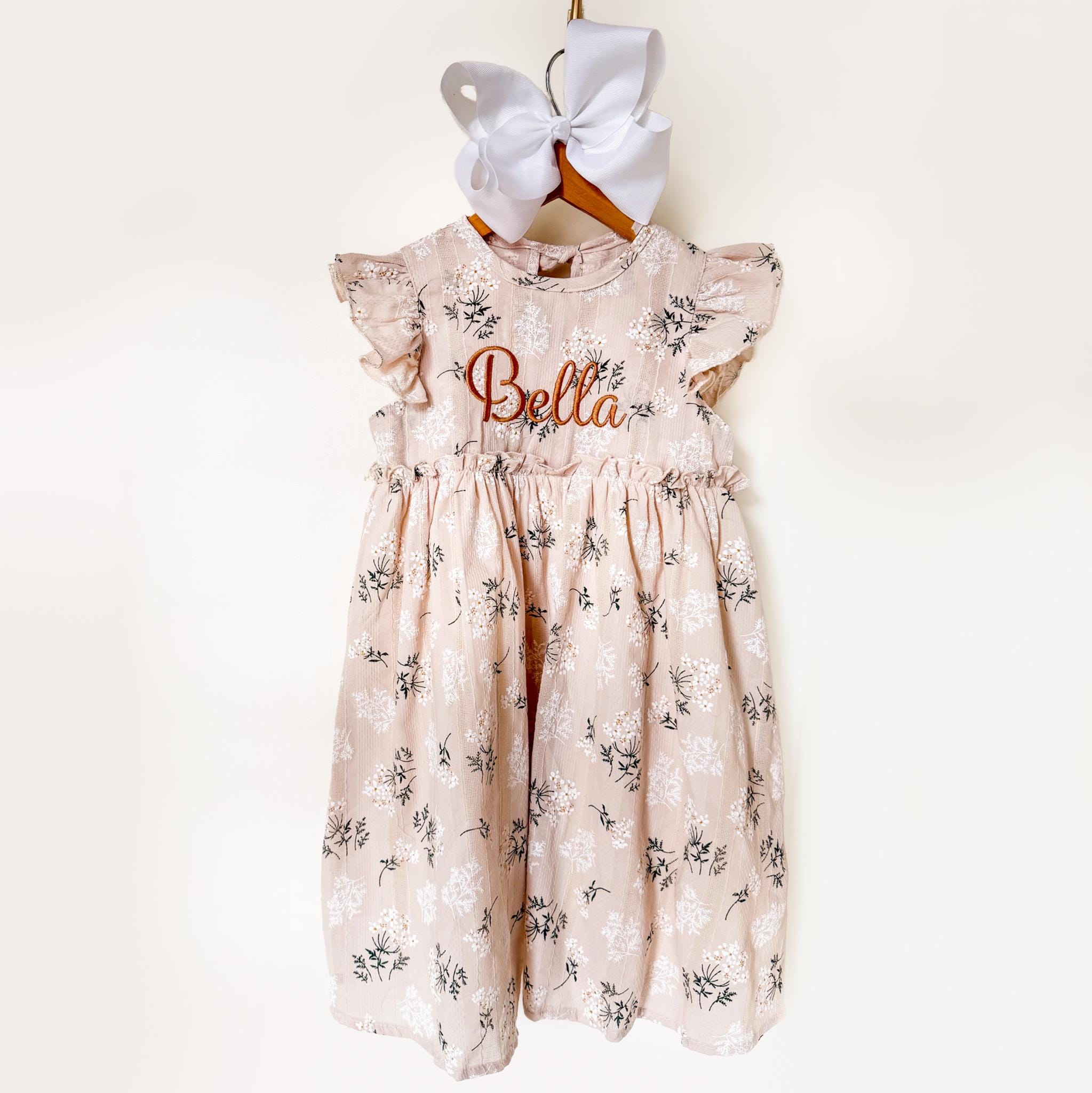 Personalized Girl Embroidered Name Floral Dress With Bow| Dress80