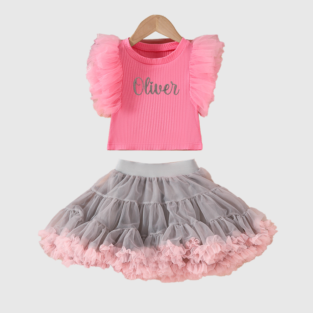 Personalized Girl Mesh Flying Sleeve T-shirt TUTU Skirt Set| Cloth236