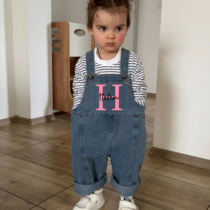 Personalized Kids Initial Oversized Denim Overalls| Pants08