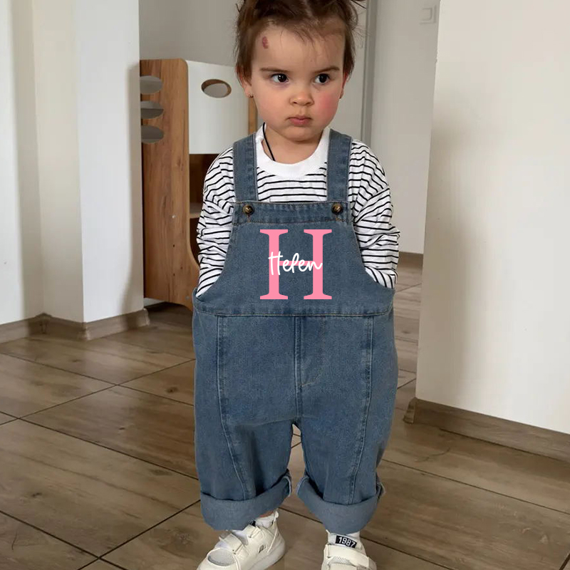 Personalized Kids Initial Oversized Denim Loose Overalls| Pants09