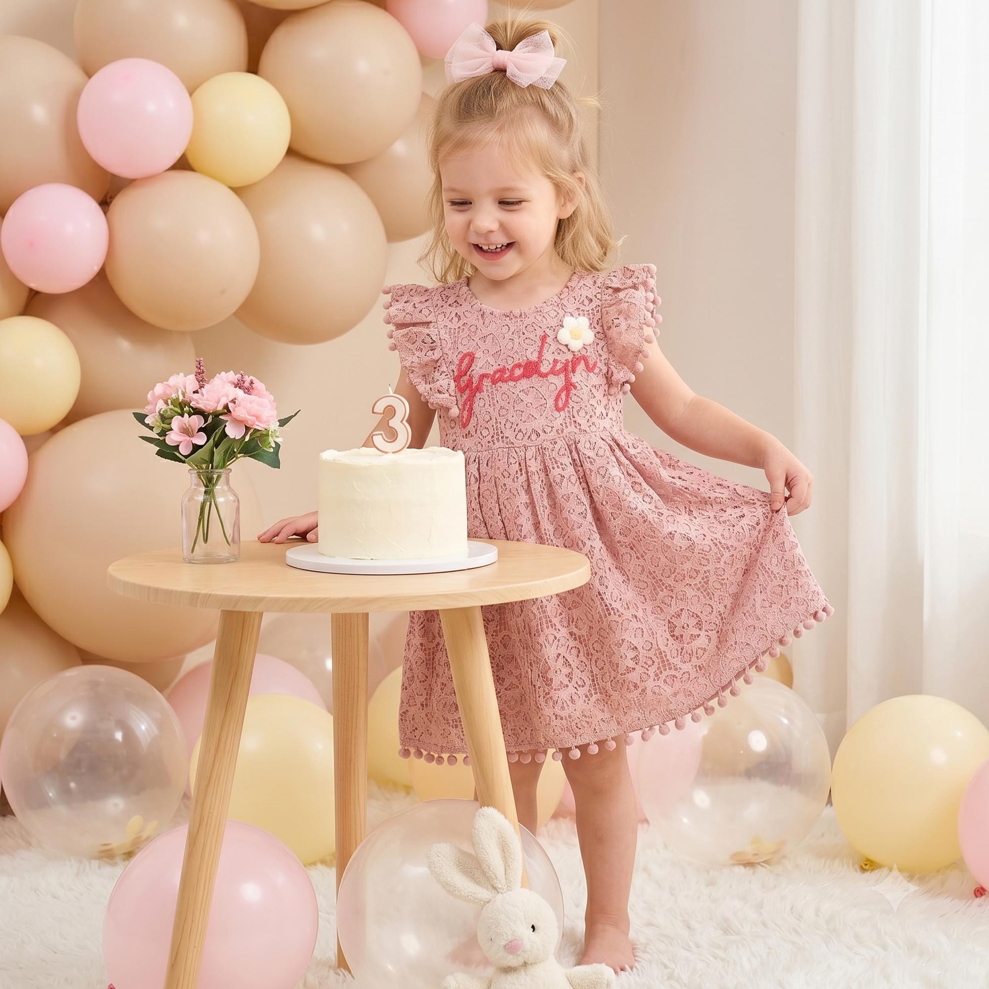 Personalized Girl Handmade Flower Lace Ruffle Dress| Dress115