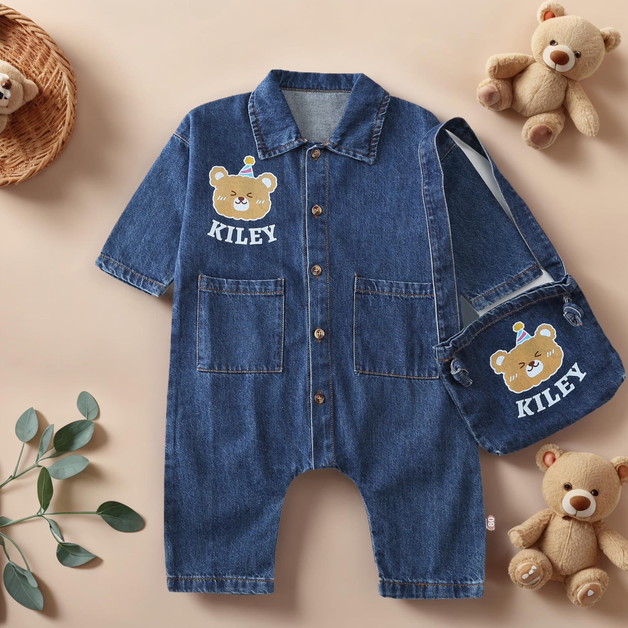 Personalized Baby Bear Denim Onesie With Bag Set| BBCloth88