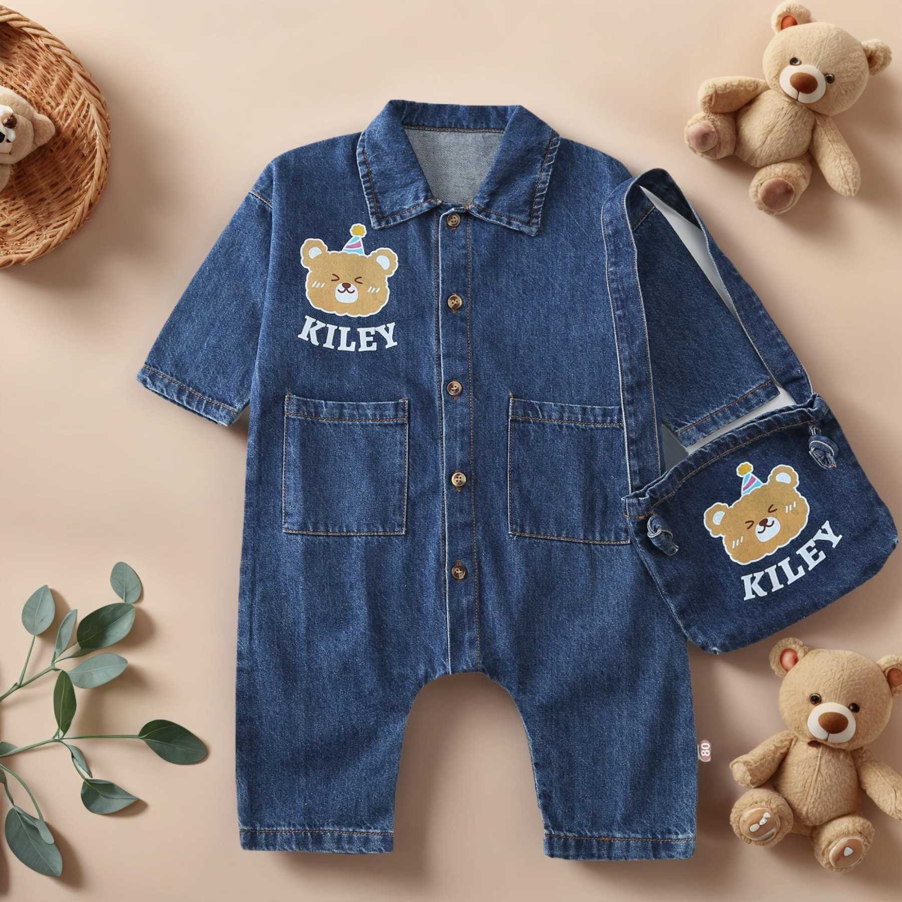 Personalized Baby Bear Denim Onesie With Bag Set| BBCloth88