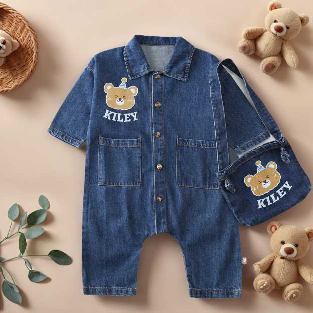 Personalized Baby Bear Denim Onesie With Bag Set| BBCloth88