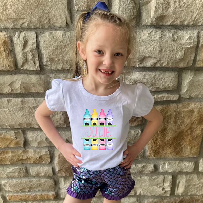 Personalized Girls Crayon Short Sleeve Ruffle Shirt| Cloth143