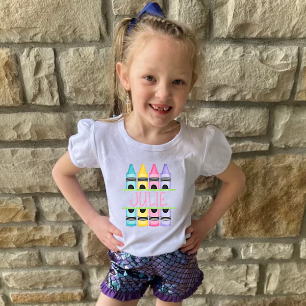 Personalized Girls Crayon Short Sleeve Ruffle Shirt| Cloth143