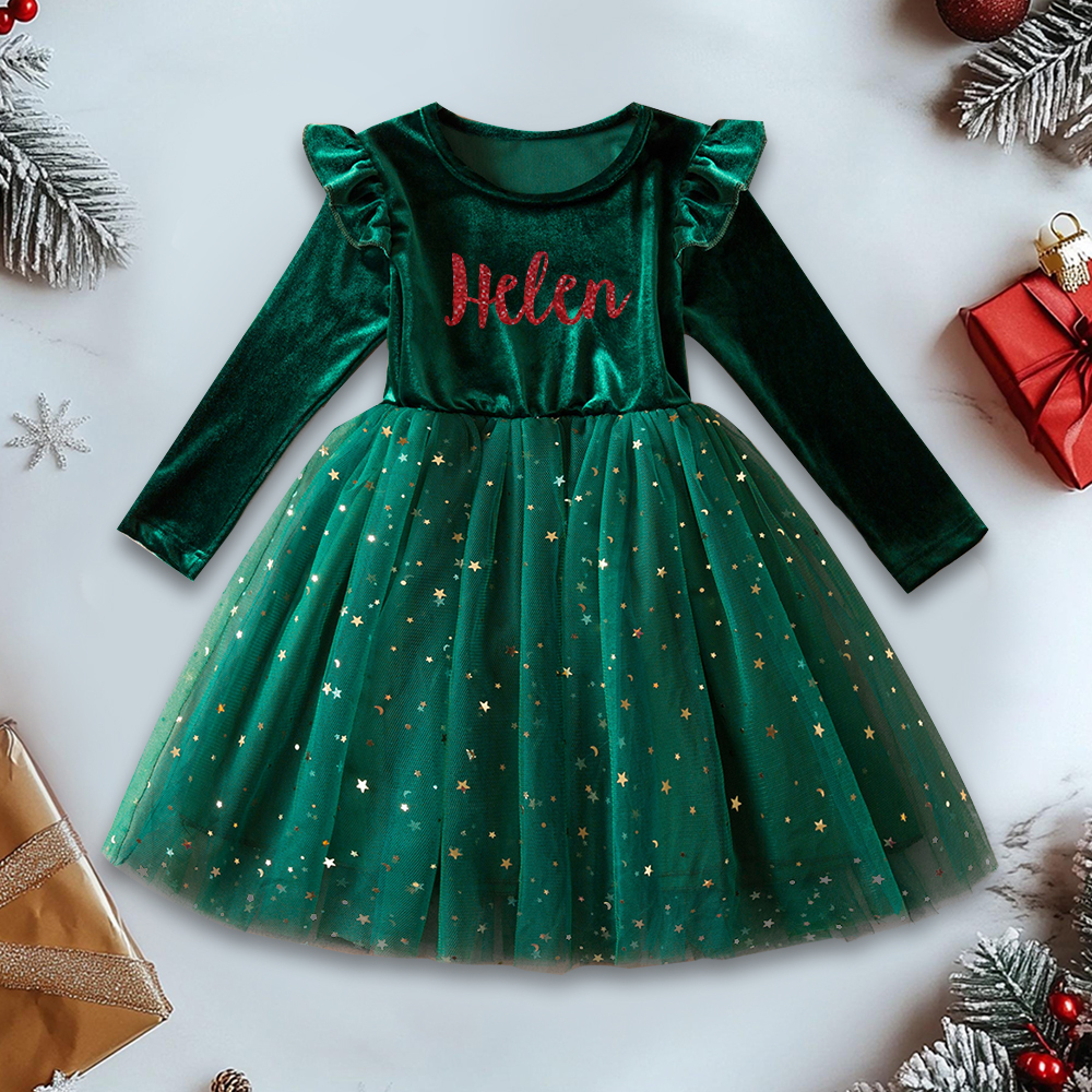 Personalized Girl Christmas Star Sequin Tulle Dress|YESMC05