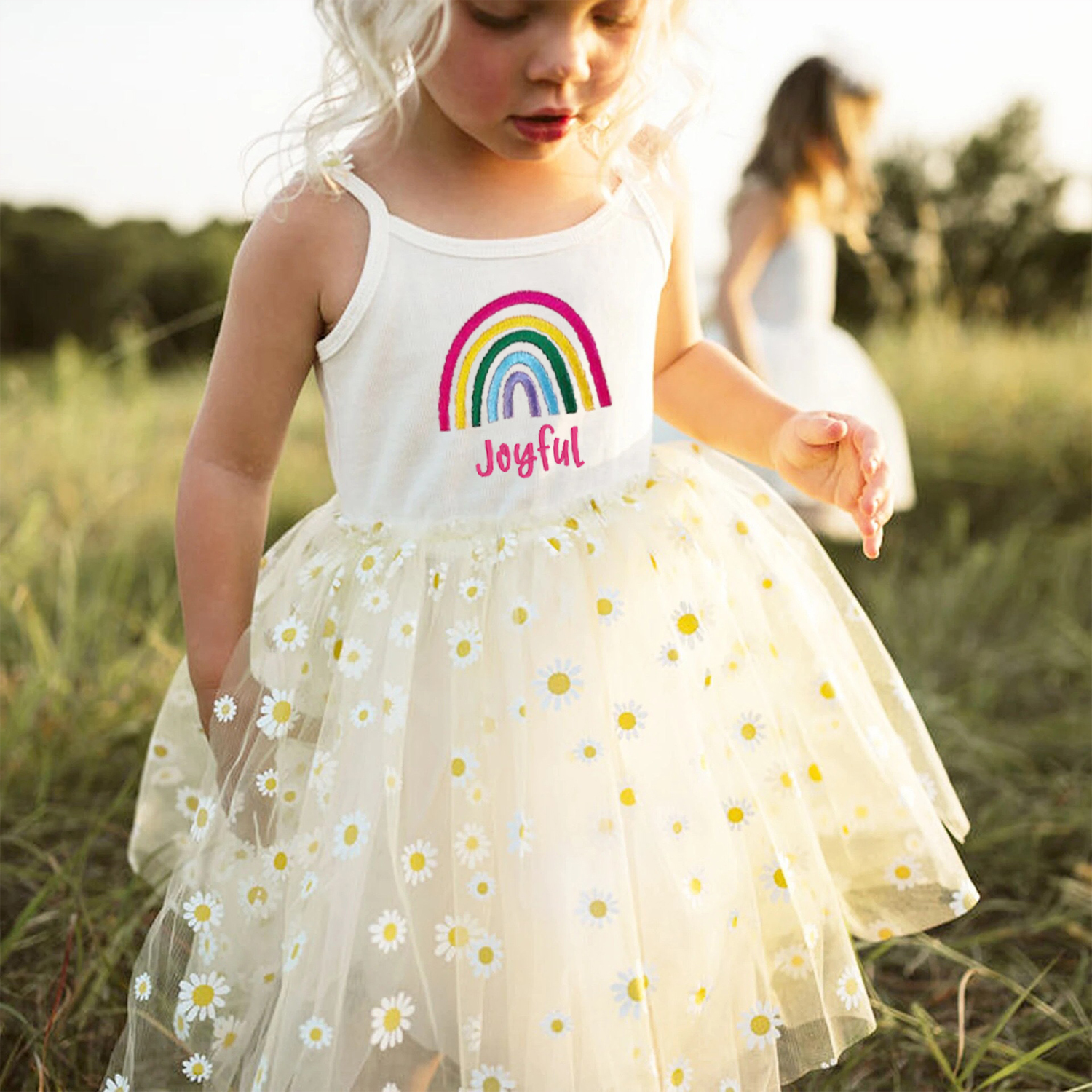 Personalized Girl Embroidered Rainbow Daisy Tutu Dress| Dress14