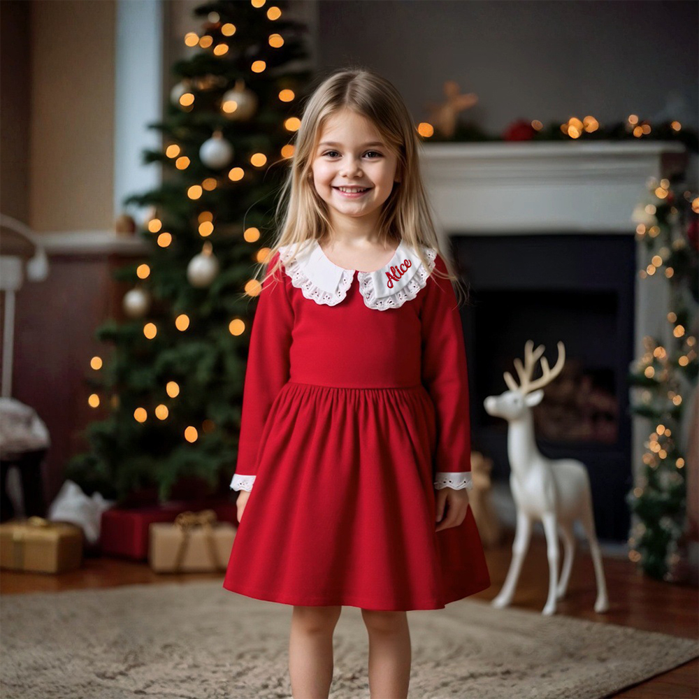 Personalized Christmas Girl Elegant White Doll Collar Dress|YESMC09
