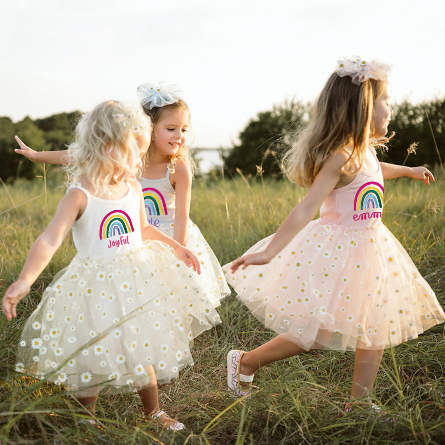 Personalized Girl Embroidered Rainbow Daisy Tutu Dress| Dress14