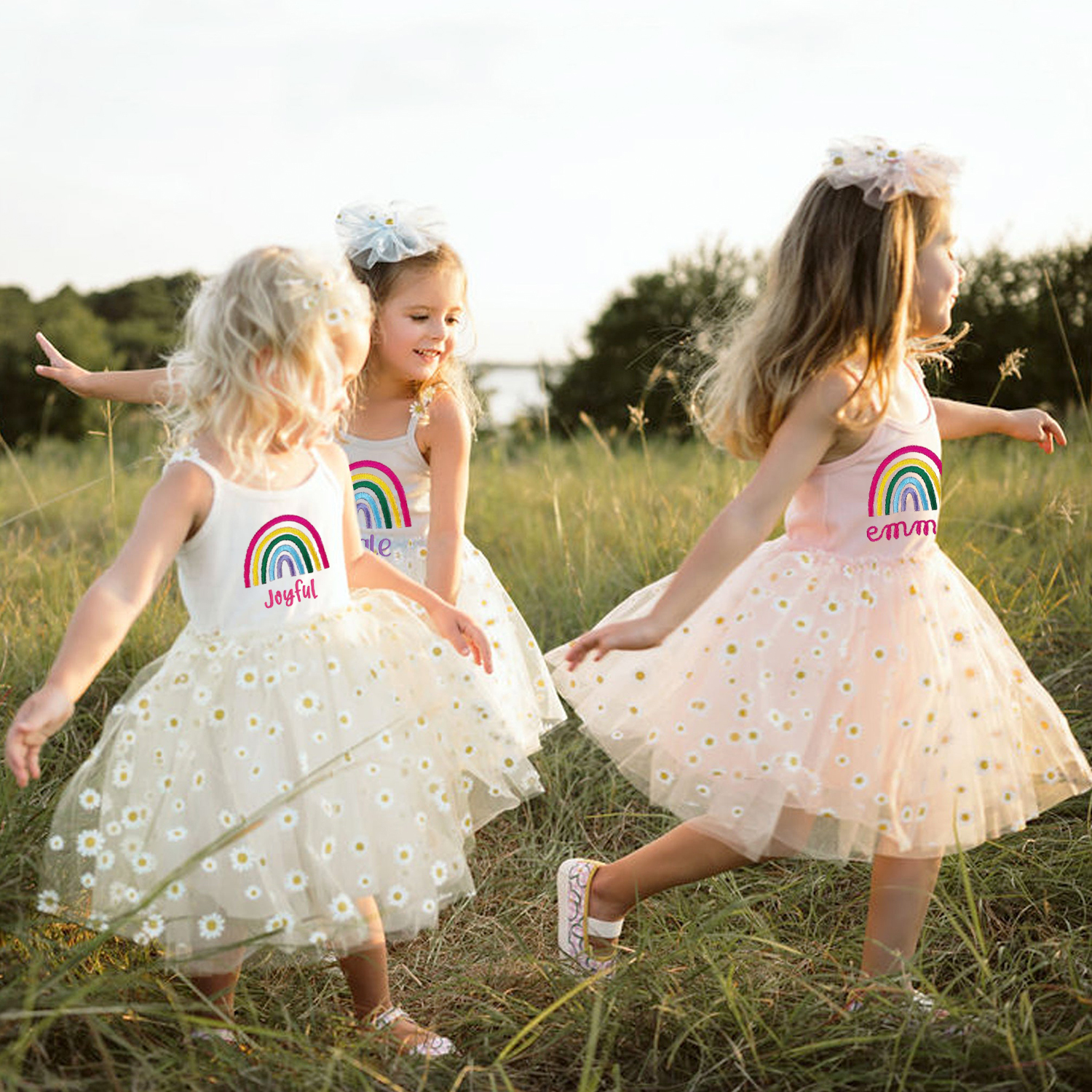 Personalized Girl Embroidered Rainbow Daisy Tutu Dress| Dress14