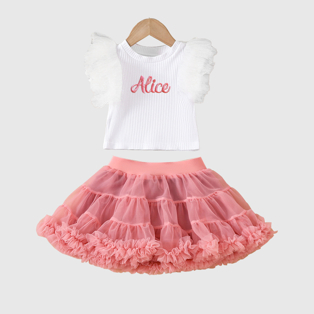 Personalized Girl Mesh Flying Sleeve T-shirt TUTU Skirt Set| Cloth236