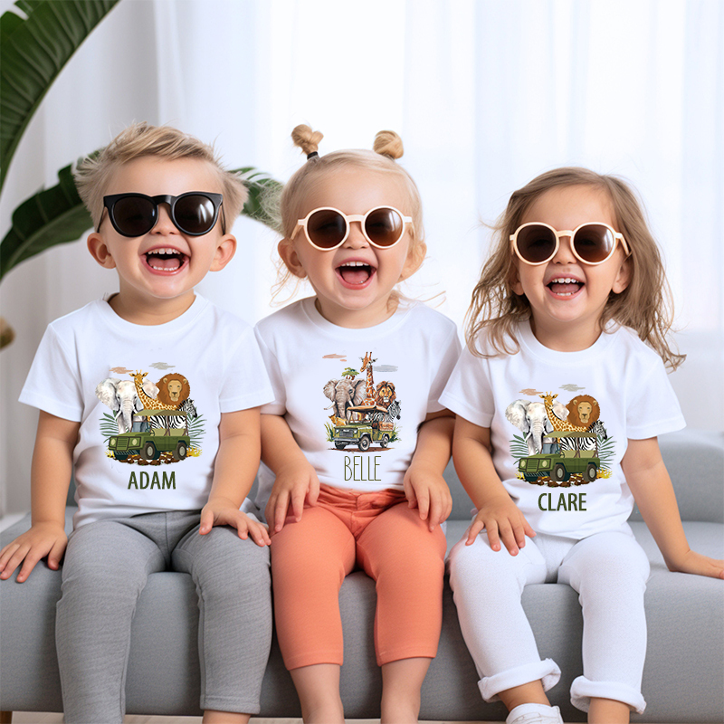 Personalized Kids African Safari Animals & Vehicle T-Shirt| Cloth1417