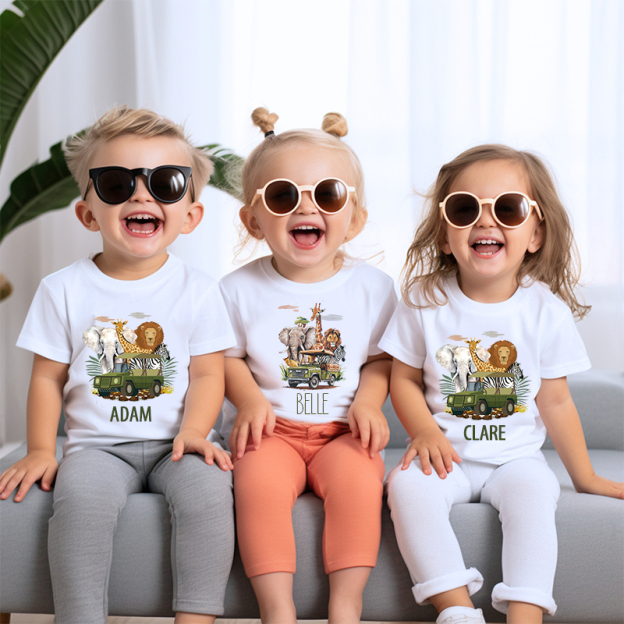 Personalized Kids African Safari Animals & Vehicle T-Shirt| Cloth1417
