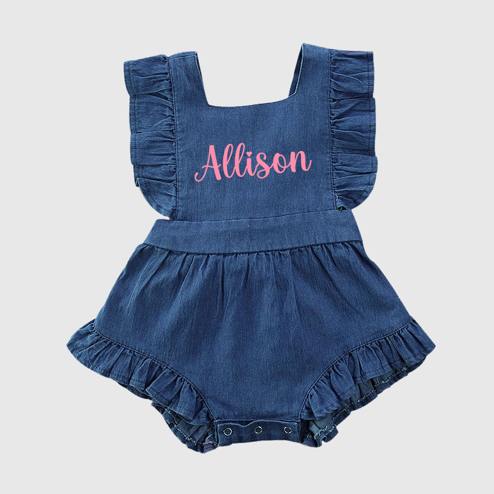 Personalized Baby Girl Ruffle Denim Blue Romper| BBCloth94